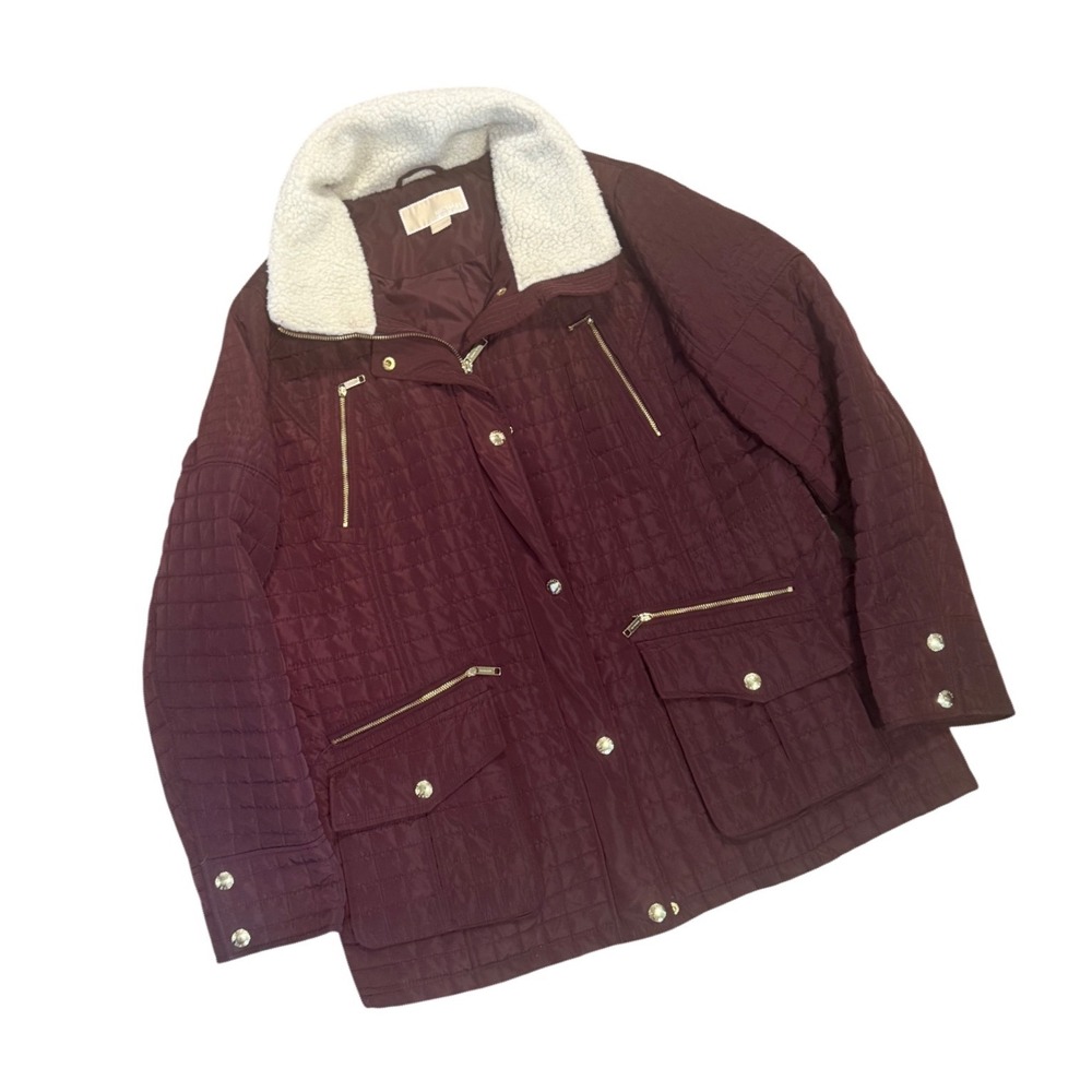 Michael Kors Womens Burgundy‎ Quilted Jacket Sherpa Packable Hood XL winter coat